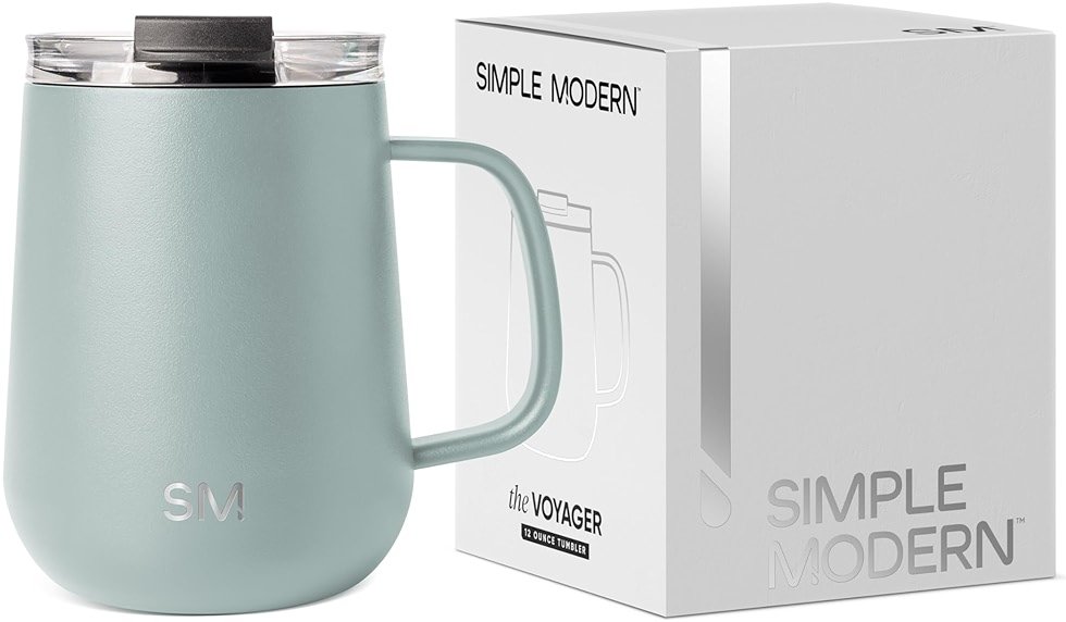 Simple Modern Voyager Signature Mug | Travel Coffee Tumbler with 360° Lid and Handle | Ceramic-Lined Insulated Stainless Steel Iced Cold Brew Cup | 12oz, Sea Glass Sage - Product Image
