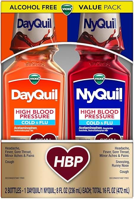 VICKS DayQuil & NyQuil High Blood Pressure Cold & Flu Relief Liquid Medicine Co-Pack, Powerful Multi-Symptom Daytime & Nighttime Relief for Cold, Cough, and Flu Symptoms, Sugar & Alcohol Free, 2x8oz - Product Image