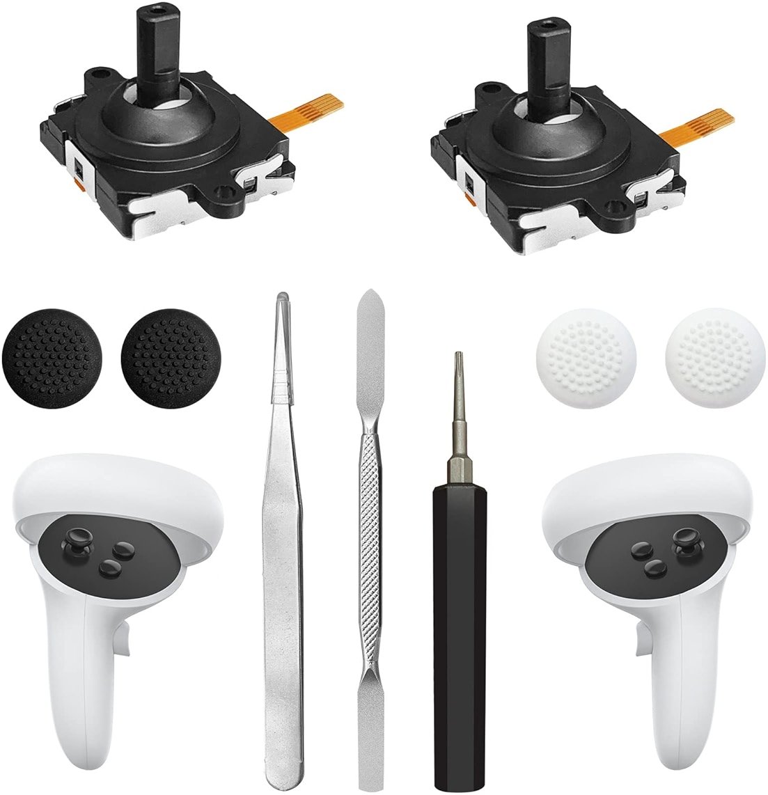 Joystick Replacement Kit for Oculus Quest 2/3 Controller, Repair Kit for Meta Quest 2/3 Controller, Include 2 Joysticks, T5 Screwdriver, Tweezer, Pry Tool, 4 Thumbstick Grips (Black-11-in one) - Product Image