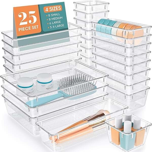 WOWBOX 25 PCS Clear Plastic Drawer Organizer Set, 4 Sizes Desk Drawer Divider Organizers and Storage Bins for Makeup, Jewelry, Gadgets for Kitchen, Bedroom, Bathroom, Office - Product Image