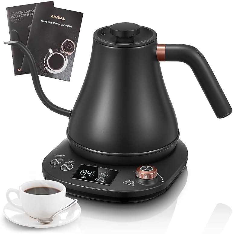 Electric Gooseneck Kettle Temperature Control, Pour Over Electric Kettle for Coffee and Tea, 100% Stainless Steel Inner, 1200W Rapid Heating, 0.8L, Built-in Stopwatch, Matte Black - Product Image