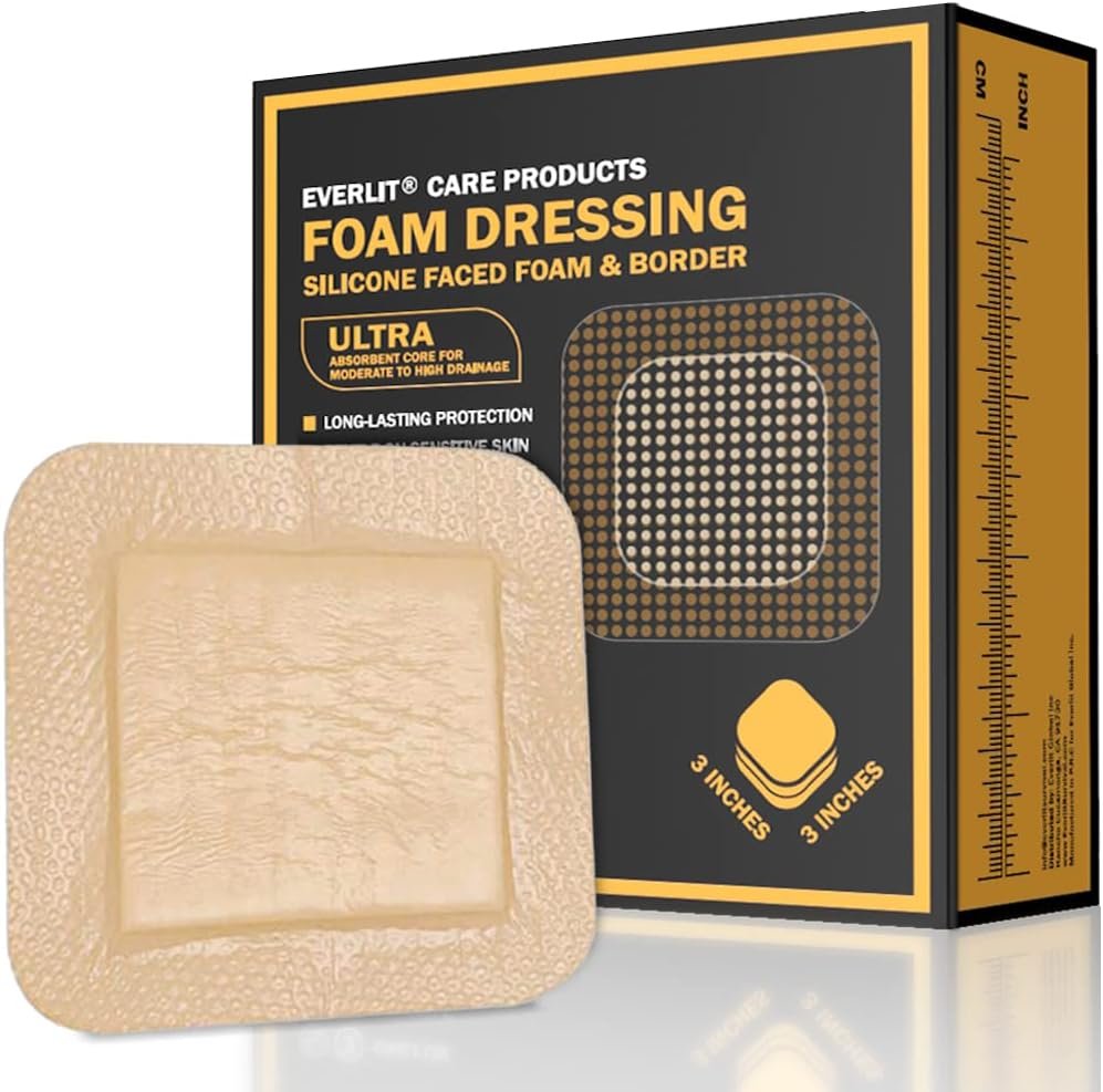 EVERLIT Care Silicone Foam Dressing with Adhesive Border | Highly Absorbent Hypoallergenic Bandages for Chronic Wounds, Bed Sores, Pressure Ulcers | Gentle & Secure Adhesion (3" x 3" | 10 Pack) - Product Image