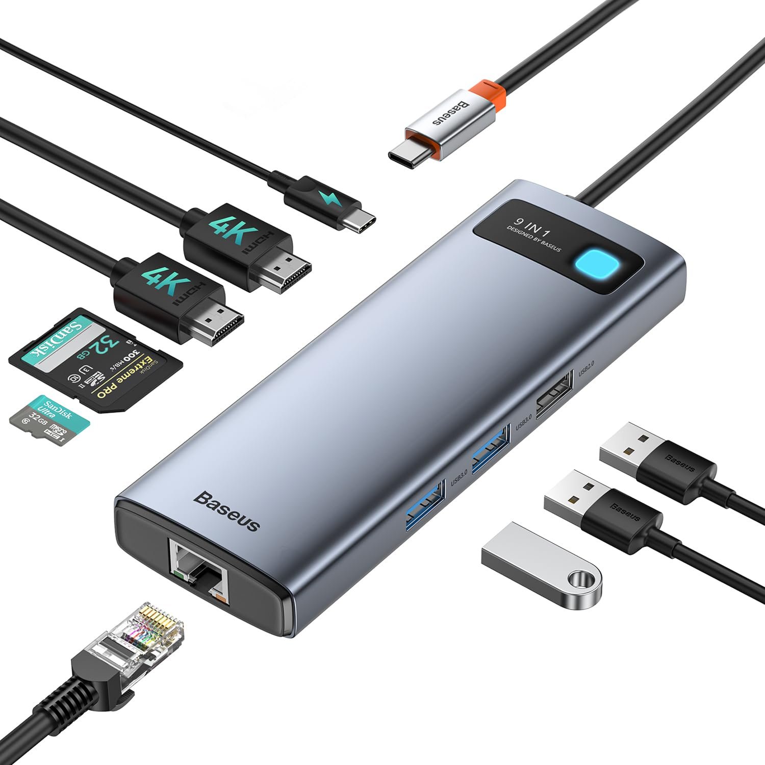 Baseus Laptop Docking Station Dual Monitor 9 in 1 USB C Hub up to 4K@120Hz with 2 HDMI, 1000Mbps LAN, Max 85W PD, 3 USB, SD Card Reader,USB C Dock Compatible with iPhone/Mac/Dell/HP/Surface/Steam Deck - Product Image