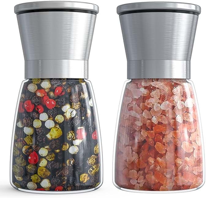 Ebaco Salt and Pepper Grinder Set - Refillable Grinder Adjustable Coarseness of Pepper Salt Spice Stainless Steel Mills Glass 6oz（2 Pack） - Product Image