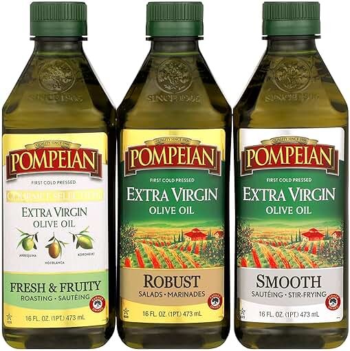 Pompeian Extra Virgin Olive Oil Variety Pack - Smooth EVOO, Gourmet Selection EVOO, Robust EVOO, Contains Polyphenols, First Cold Pressed, 16 Fl Oz, Pack of 3 - Product Image