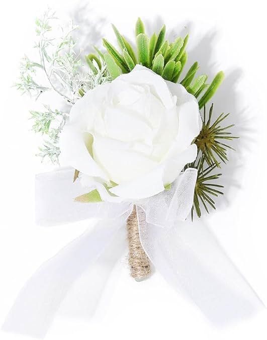 Latious Wedding Rose Boutonniere White Groom Flower Men's Boutineer Prom Buttonholes Party Suit Decor Anniversary Accessories for Bridegroom and Man (A- White) - Product Image