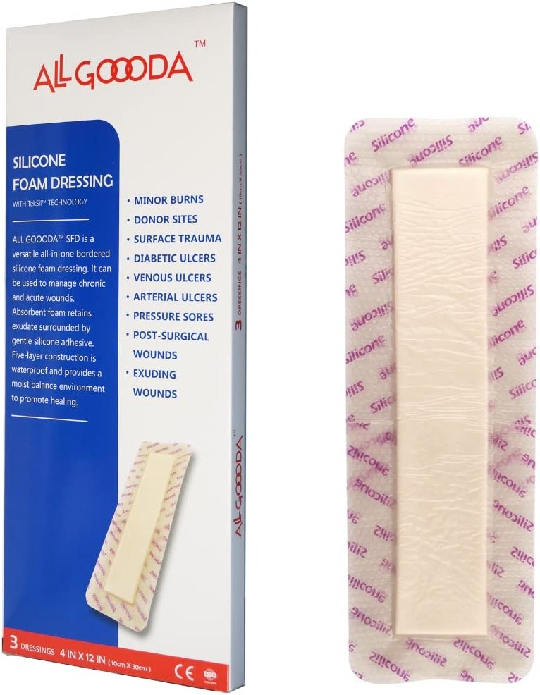 ALL GOOODA Silicone Foam Dressing 4”x12”[3 Pack] Post-Op Gentle Adhesive Border for Surgical Wound Care, Incision, Sacrum, Pressure Sore, Diabetic Ulcer, Extra Long Large Wound Bandage - Product Image