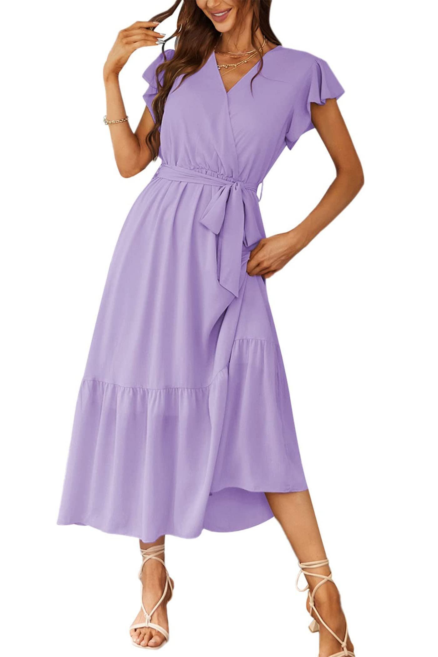 PRETTYGARDEN Women's Summer Floral Boho Maxi Dress Short Sleeve Wrap V Neck Ruffle Long Flowy Beach Wedding Guest Dresses - Product Image