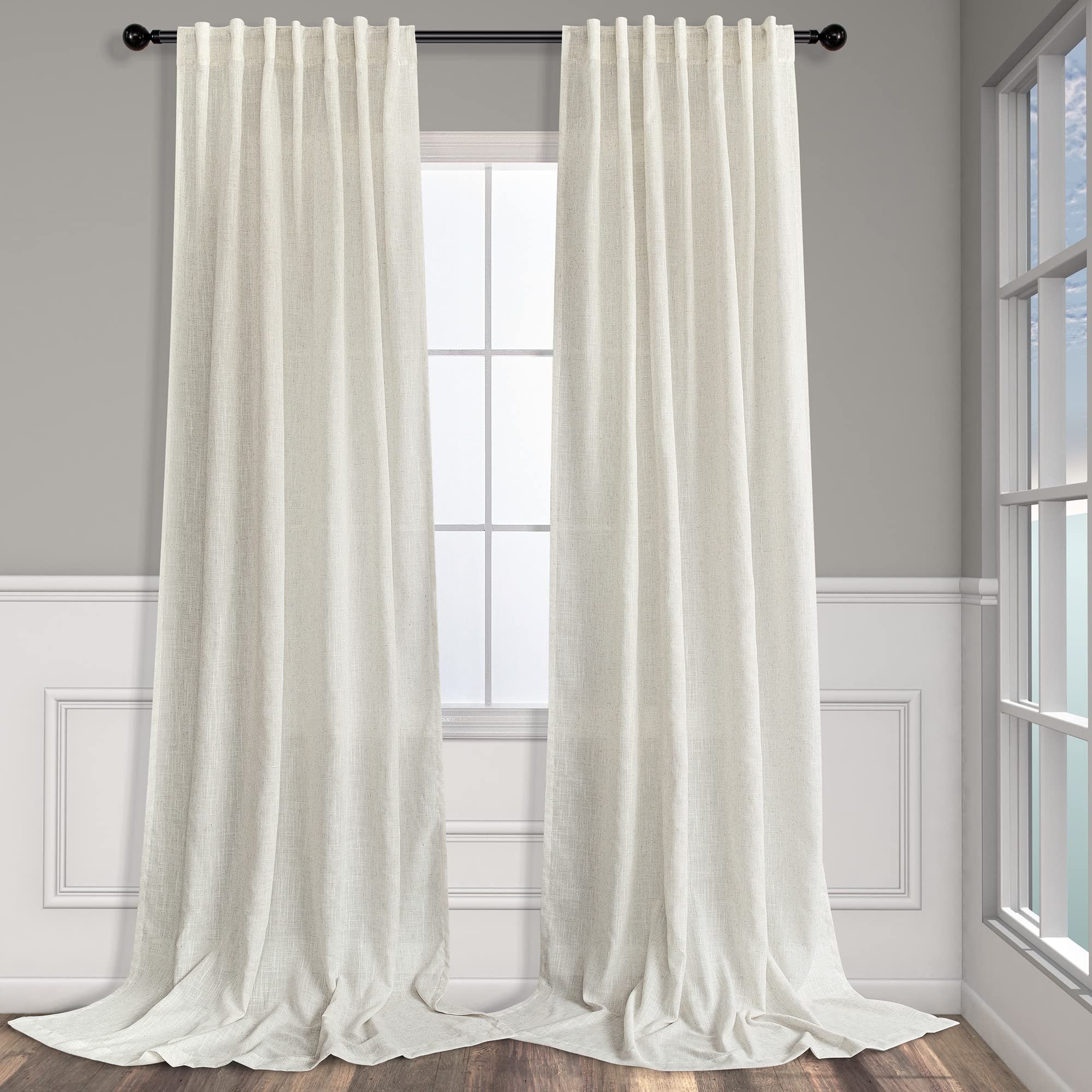 Natural Linen Back Tab Curtains 84 Inch Length for Living Room 2 Panel Pocket Drape Light Filtering Semi Sheer Neutral Country Rustic Farmhouse Boho Curtain Bedroom Muslin Look Ivory Cream Colored - Product Image