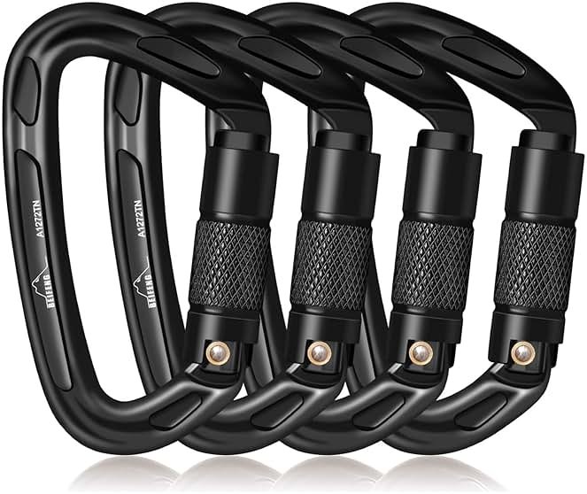 BEIFENG 25KN Auto Locking Carabiner - UIAA Certified Heavy Duty Climbing Carabiners for Rock Climbing, Camping, Rappelling, Hunting, Rescue Equipment - Professional Carabiner Clips (Black) - Product Image