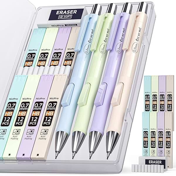 Nicpro 4 PCS Pastel Mechanical Pencil 0.7mm, Cute Fast Click Mechanical Pencils Set with 8 Tubes HB Lead Refills, Erasers, Eraser Refills for School, Student Writing, Drawing, Sketching - with Case - Product Image