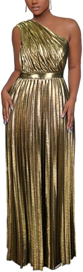 AOMEI Women's Luxury Metallic One Shoulder Sleeveless Elegant Pleated Long Dress - Product Image