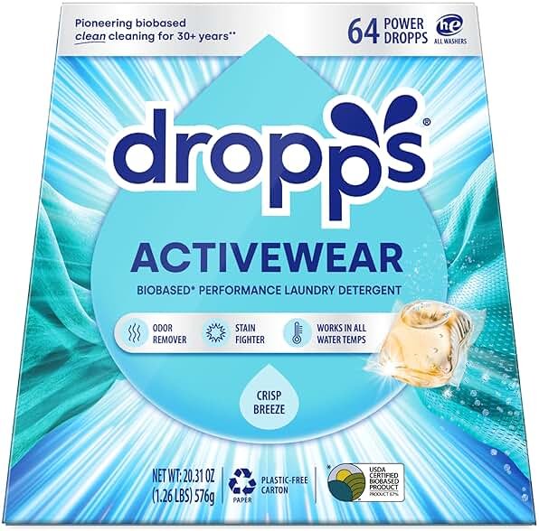 Dropps Activewear Laundry Detergent Pods, Crisp Breeze (64 Count) - Powerful Laundry Pods | Fights Sweat & Body Odors | For Synthetic Workout Clothes | Clean Ingredients | Plastic Free Packaging - Product Image