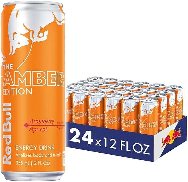 Red Bull Amber Edition Energy Drink, Strawberry Apricot, with 114mg Caffeine plus Taurine & B Vitamins, 12 Fl Oz, Pack of 24 Cans - Product Image