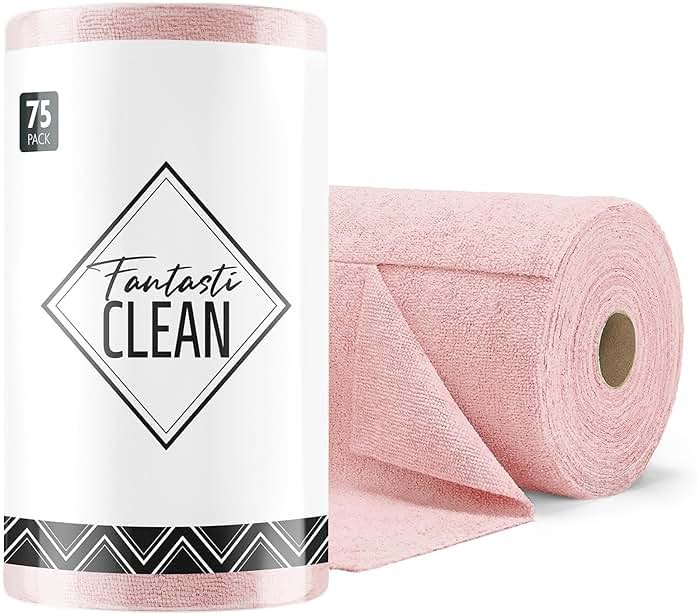 Fantasticlean Microfiber Cleaning Cloth Roll -75 Pack, Tear Away Microfiber Towels, 12" x 12", Reusable, Washable, Scratch Free, Ultra Absorbent Dishcloth for All-Around Cleaning Supplies (Pink) - Product Image