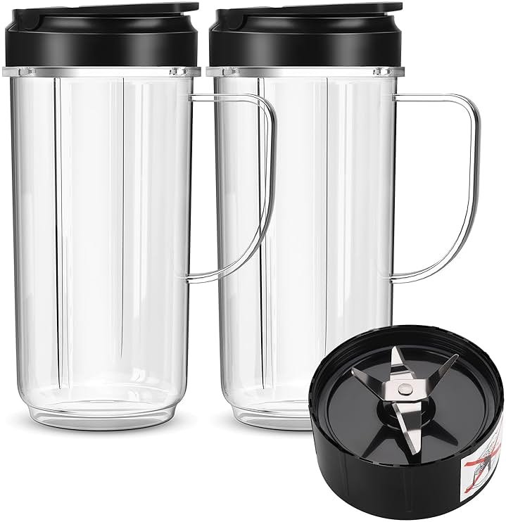 UBYNID 2 Pack Magic Bullet Blender Cups, Tall 22oz Cup with Flip Top To-Go Lid & 4 Fins Cross Blade Blender Replacement Parts, Replacement Cup Mug with Handle Compatible with Magic Bullet 250w MB1001 - Product Image