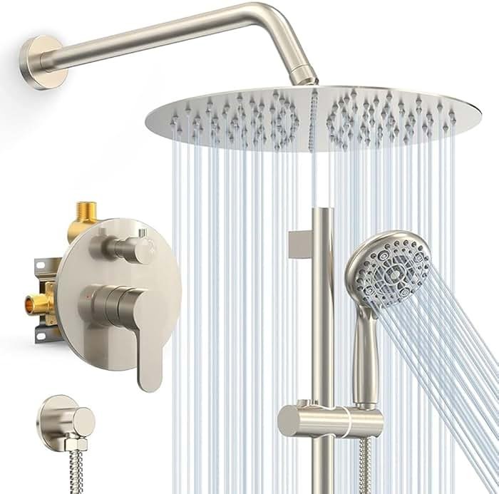 SR SUN RISE 12 Inch Rain Shower System, High Pressure Shower Heads and Handheld 6-Spray Combo Set Slide Bar Shower Faucets Sets Complete Included Valve and Trim Kit for Bathroom, Brushed Nickel - Product Image