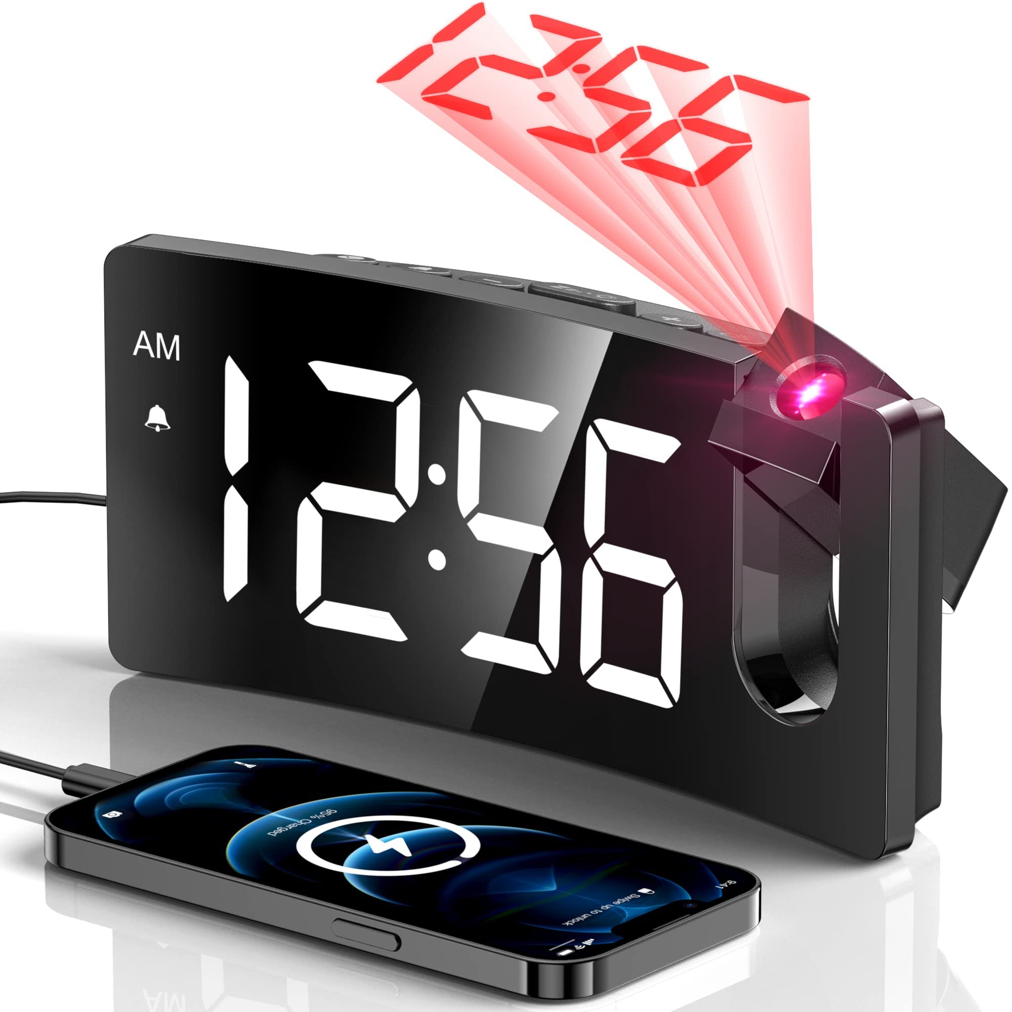 Projection Alarm Clock, Digital Clock with 180° Rotatable Projector, 3-Level Brightness Dimmer, Clear LED Display, USB Charger, Progressive Volume, 9mins Snooze,12/24H, Digital Alarm Clock for Bedroom - Product Image