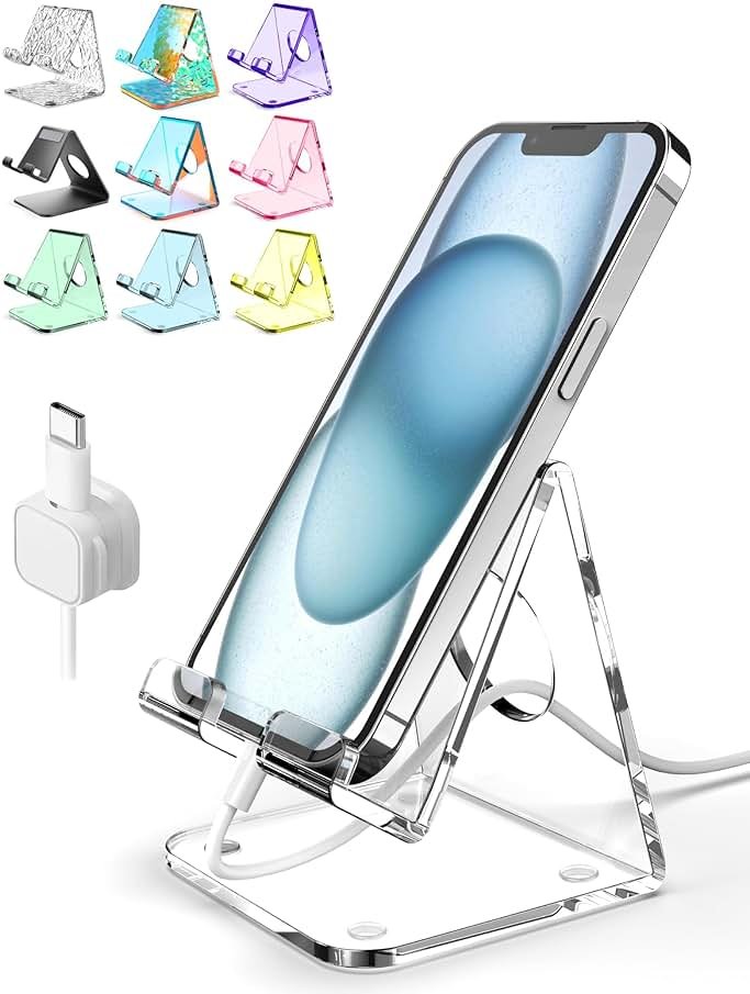 TOPGO Acrylic Cell Phone Stand, Clear Phone Holder for Office Desk, Vanity, Kitchen, Bedside Table, Compatible with iPhone 17/Smartphones/iPad/Switch/Kindle, Office Desk Accessories - Product Image