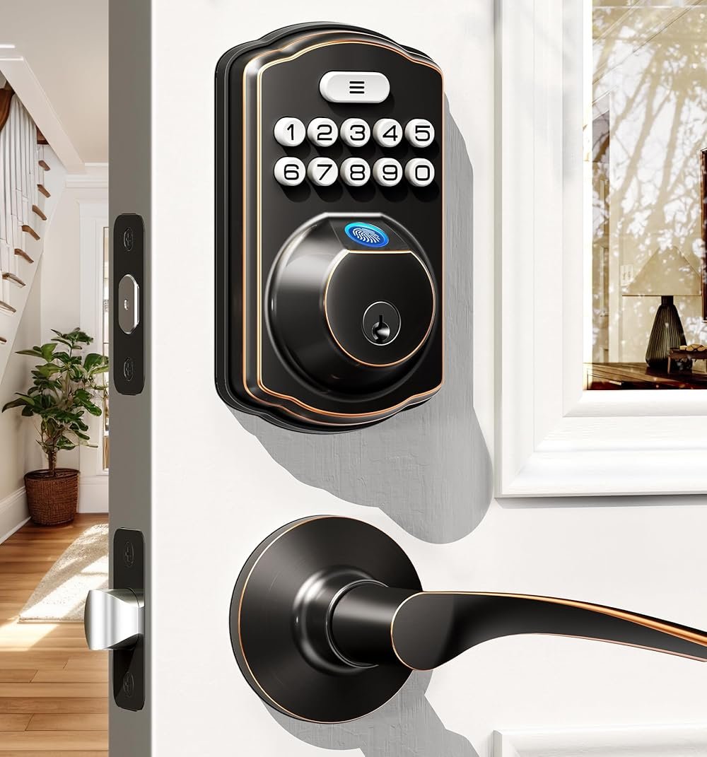 Veise Fingerprint Door Lock with 2 Lever Handles - Keyless Entry Door Lock, Electronic Keypad Deadbolt, Digital Smart Code & Front Handle Sets, Auto-Locking, Easy Installation, Oil Rubbed Bronze - Product Image