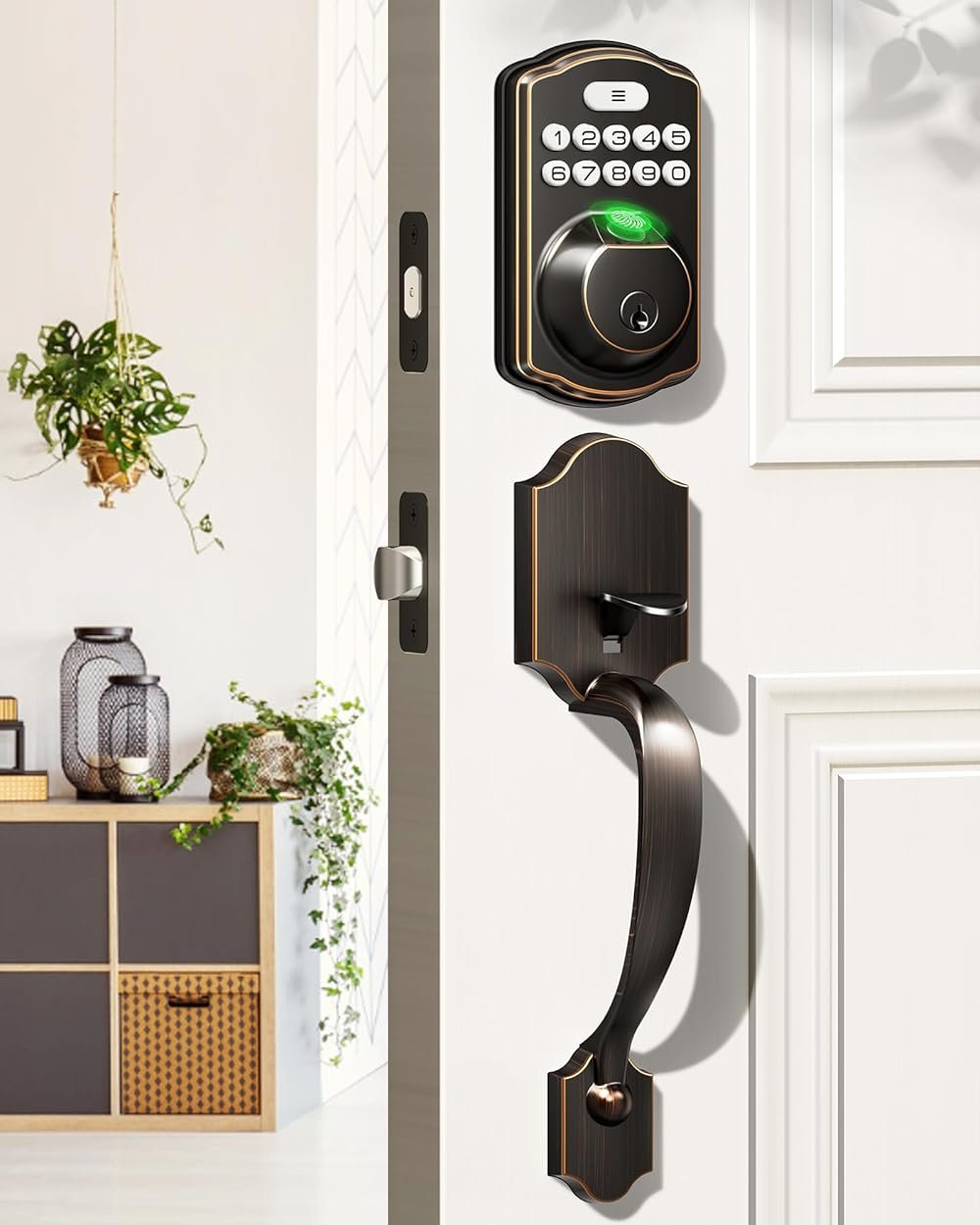 Veise Fingerprint Door Lock Set, Keyless Entry Door Lock, Front Handle Set, Electronic Keypad Deadbolt with Lever Handle, 2 Keys, Auto-Locking, One-time Codes, Easy to Install, Oil Rubbed Bronze - Product Image