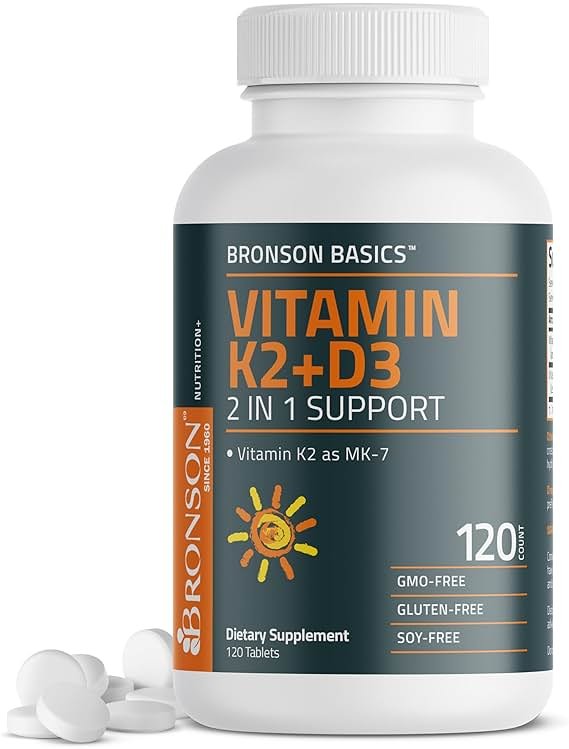 Bronson Vitamin K2 D3 (MK7) Supplement Non-GMO Formula Vitamin D3 5000IU (125 mcg) & 90 mcg K2 MK-7, Easy to Swallow D & K Complex, 120 Tablets - Product Image