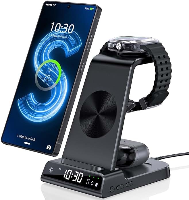 Wireless Charger for Samsung Charging Station with Clock for Samsung Galaxy S25 Ultra/S24 Ultra/Z Flip 7/Fold 6/Bud, 3 in 1 Android Charging Station, Watch Charger for Samsung Galaxy Watch 8/7/6/5Pro - Product Image