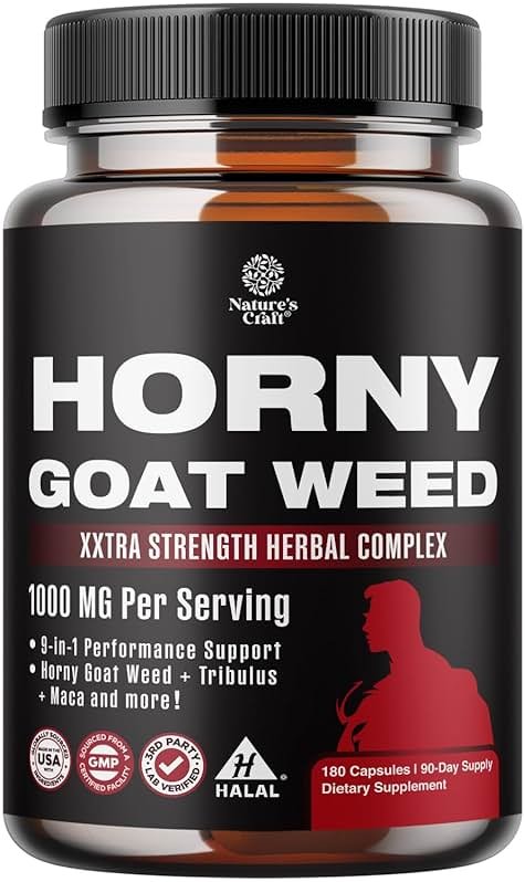 Horny Goat Weed for Male Enhancement - Testosterone Booster Supplement for Men - 1000mg per serving Complex with Tongkat Ali Saw Palmetto Extract & Panax Ginseng - Black Maca Root for Stamina & Energy - Product Image