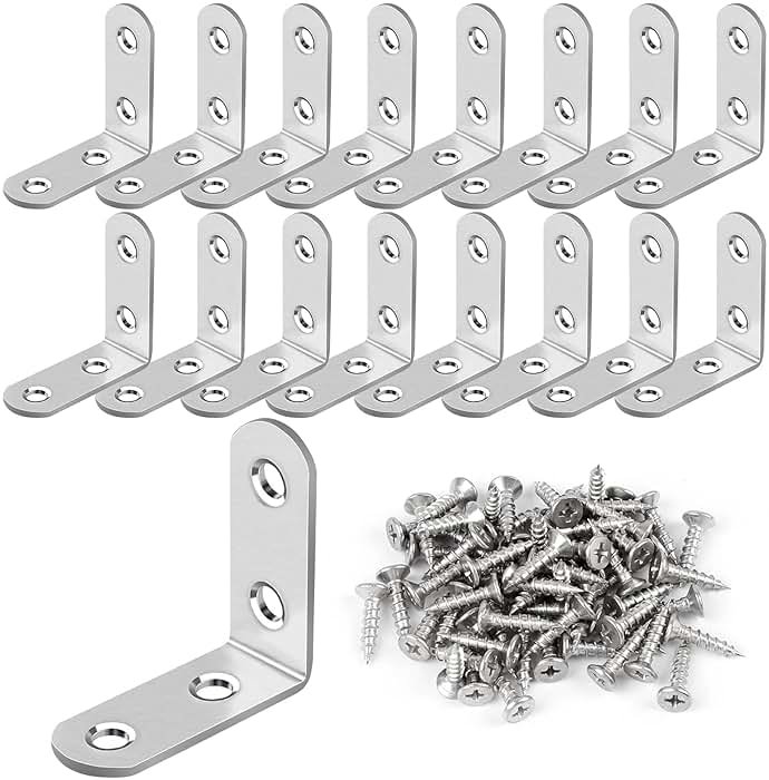 16 Pcs L Bracket Stainless Steel Corner Brace Sets, 90 Degree Right Angle Brackets with 64 Pcs Screws, L Bracket Firmware for Wooden Shelves, Chairs, Tables, Dressers, Furniture (Silver) - Product Image