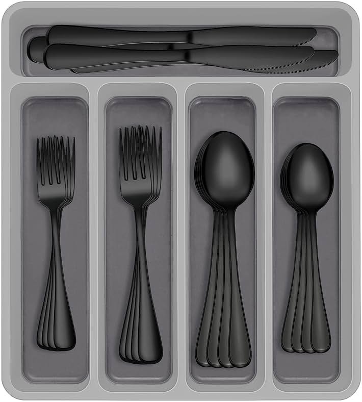 60-Piece Black Silverware Set with Organizer, AIVIKI Stainless Steel Flatware for 12, Cutlery Utensil Set for Home Restaurant, Tableware Includes Knife Fork Spoon Set, Mirror Polished - Product Image