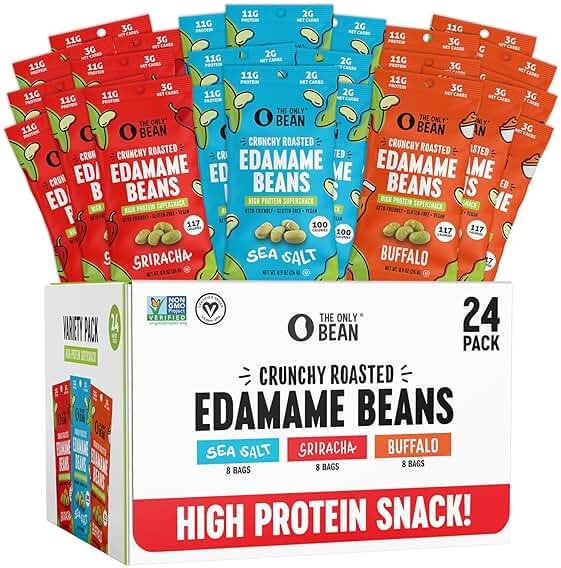 The Only Bean Crunchy Roasted Edamame - Healthy Snacks for Adults and Kids (Variety Pack), Low Carb Keto Snack Food, Vegan Gluten Free High Protein Snacks (11g), Office Snack, 0.9oz 24 pack - Product Image