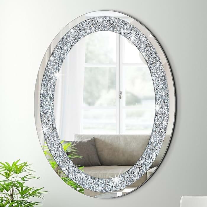 DMDFIRST Crystal Crushed Diamond Oval Shaped Silver Mirror Glam Bling for Wall Decoration 24x32x0.9inch Frameless Wall Hang Sparkly Glass Mirror Stunning Stylish Fashion Home Decor Decorative Mirror - Product Image