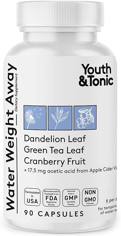 Youth & Tonic Water Pills for Fluid Retention – Water Weight Away Natural Diuretic for Bloat Relief & Fluid Balance, Support for Swollen Legs & Feet with Potassium & Vitamin B6 – 90 Pills - Product Image