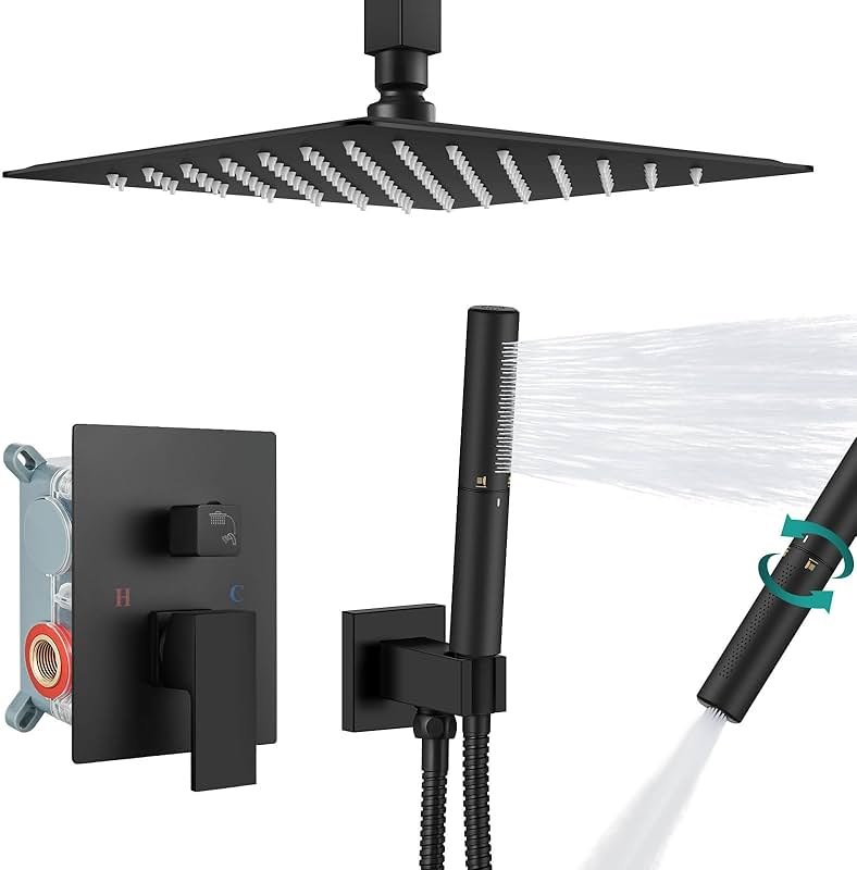 Aolemi Ceiling Mount Shower Faucet Set,Shower System Rain Showerhead and Handheld Spray Combo High-Pressure Showerheads Set with Valve and Trim Kit Rough-in Valve,12 Inch Matte Black - Product Image