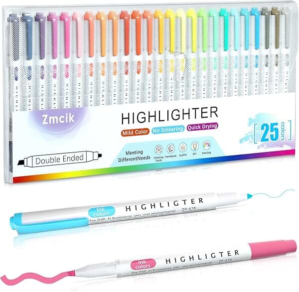 Zmcik Double Ended Highlighters with Soft Chisel Tip, 25-Pack Quick Dry Assorted Colors, Pastel Highlighters Set for School/Office Journaling, Bible Assorted Colors - Product Image