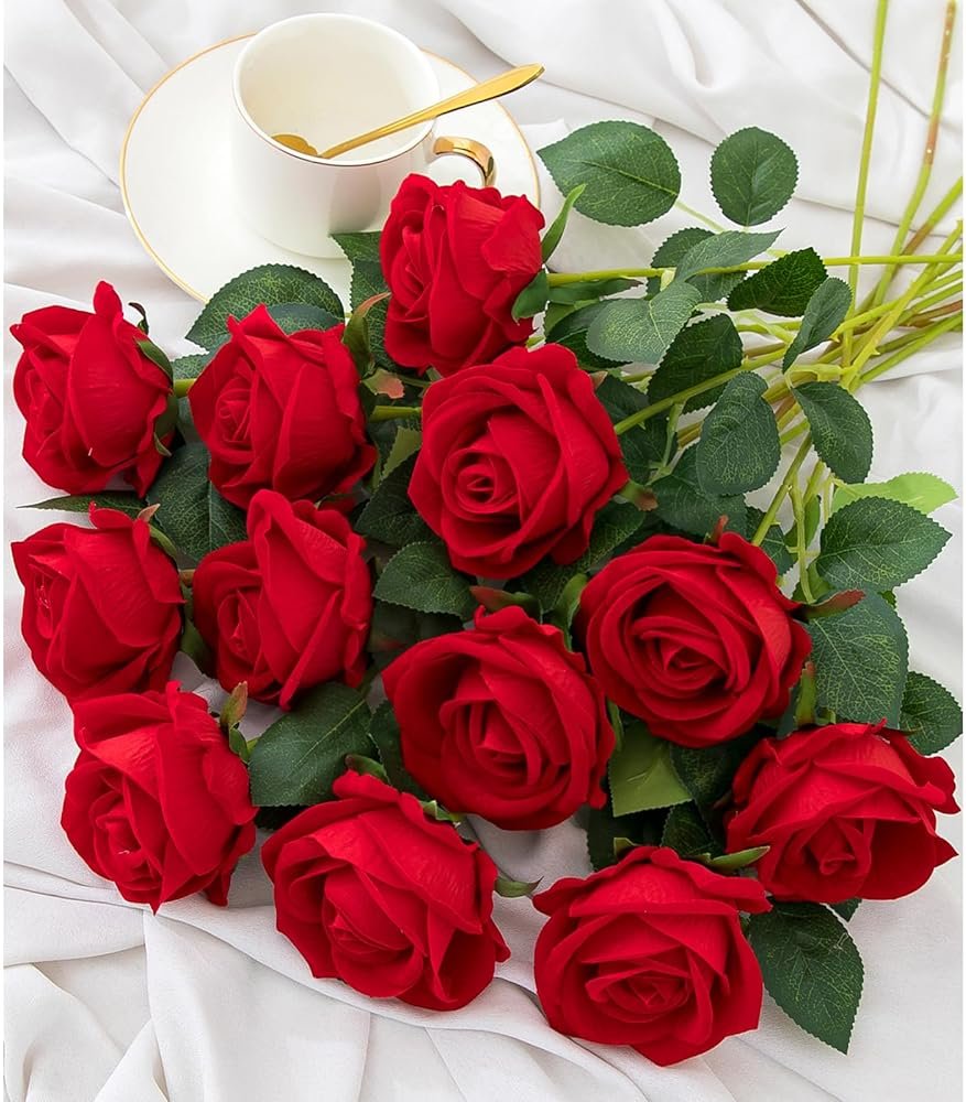 Hawesome 12PCS Artificial Flowers Fake Roses, Realistic Velvet Long Stem Red Roses Bouquet for Wedding Centerpiece Home Decor Party & Valentines (Red) - Product Image