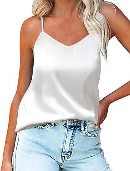 Ekouaer Womens Silk Satin Tank Tops V Neck Camisole Spaghetti Strap Top Summer Basic Blouse - Product Image