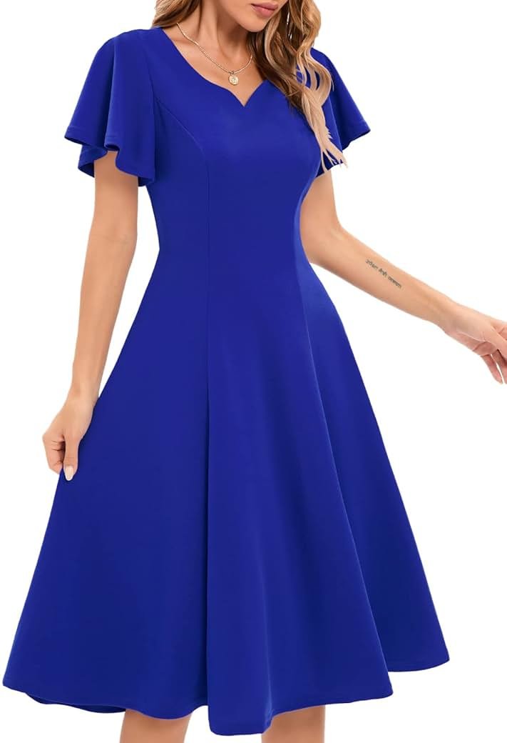 HomRain Wedding Guest Dresses for Women Vintage Short Sleeves Casual Fit and Flare Cocktail Formal Dress for Tea Party - Product Image