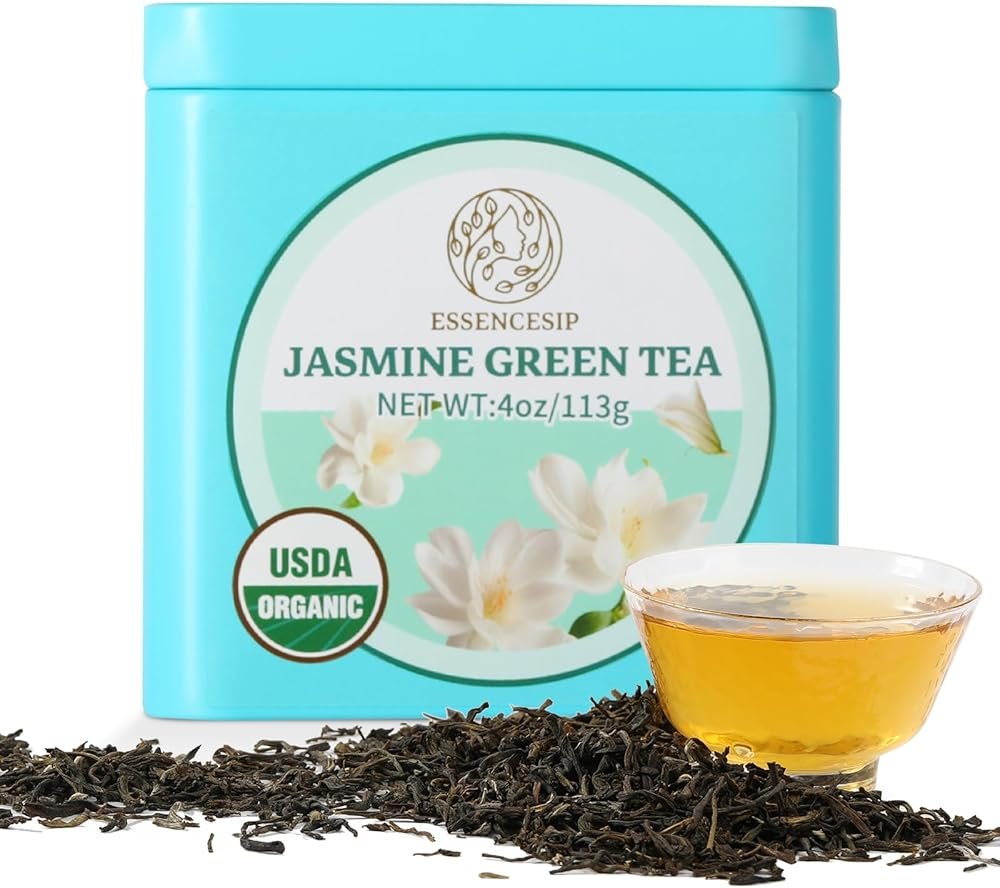 Essencesip Organic Jasmine Green Tea Loose Leaf, 4oz Tin – Scented 5x with 6,000 Fresh Jasmine Blossoms, Low Caffeine, Antioxidant-Rich - Product Image