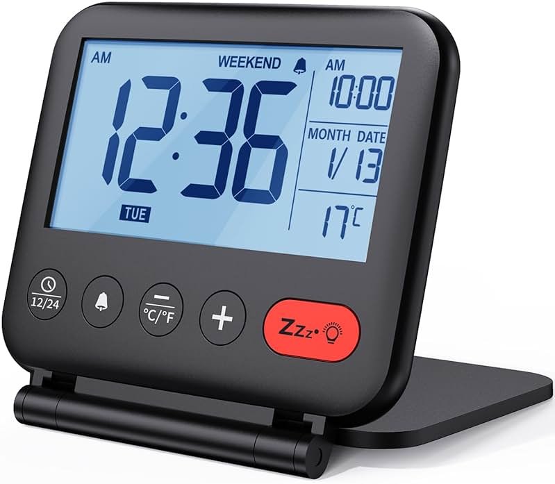 NOKLEAD Digital Travel Alarm Clock for Bedroom Office: Small LCD Desk Clock with Backlight Date Temperature Snooze 12/24H Weekend Mode and Mirror, Battery Powered Folding Bedside Clock for Adult Kids - Product Image