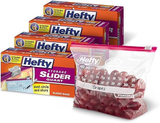Hefty Calendar Slider Quart Storage Bags, 40 Count (Pack of 4), Quart Slider Bags with Calendar Dates, Holds Raw Meat, Cheese, Fruits, Veggies, and More, Secure Zip and Click Closure, 160 Bags - Product Image