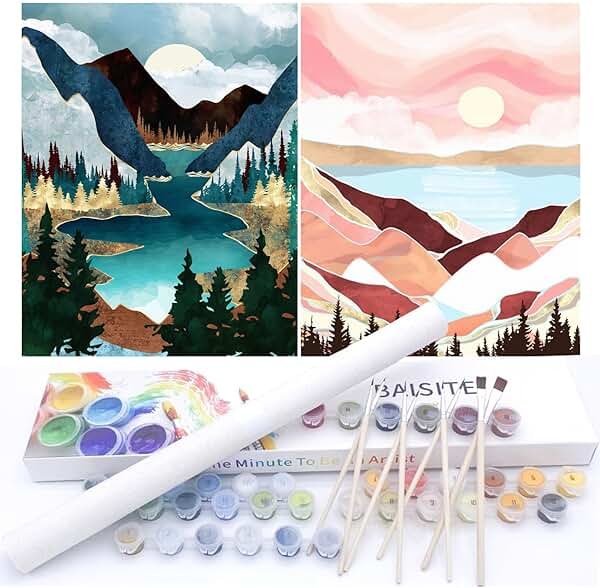 BAISITE Paint by Numbers Kit for Adults Beginners,12" Wx16 L 2 Pack Canvas for Painting Kits for Adults in Colorful Box-Sunset Lake Mountains1112 - Product Image