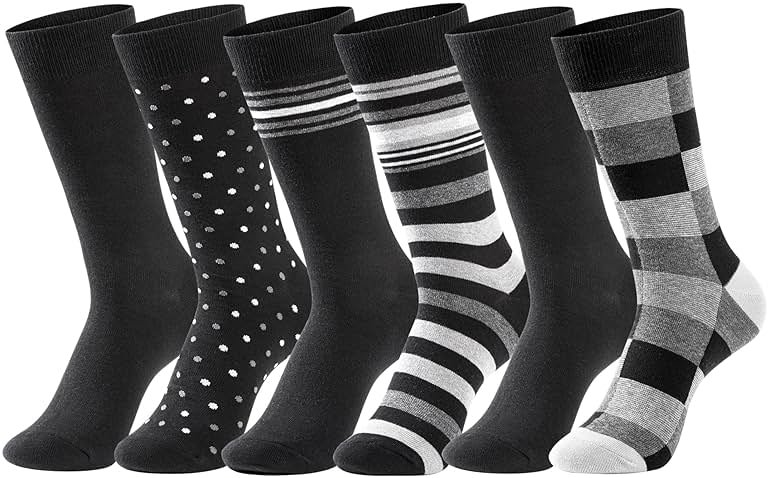 GLENMEARL Mens Dress Socks 6 Pack, Classic Patterned Black Combed Cotton Casual Mid Calf Socks for Men, Size 10-13 - Product Image