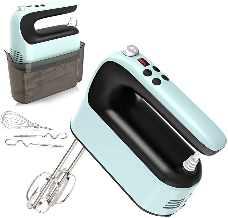 Yomelo 9-Speed Digital Hand Mixer Electric, 400W Powerful DC Motor, Hand Mixer Electric Handheld with Snap-On Storage Case, 5 Stainless Steel Accessories, Beaters, Dough Hooks, Whisk(Ice Blue/Black) - Product Image