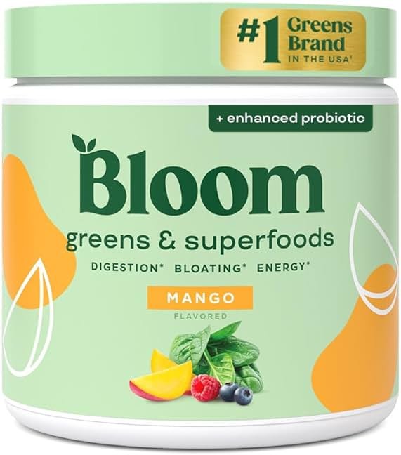 Bloom Nutrition Superfood Greens Powder, Digestive Enzymes with Probiotics and Prebiotics, Gut Health, Bloating Relief for Women, Chlorella, Green Juice Mix with Beet Root Powder, 30 SVG, Mango - Product Image