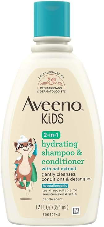 Aveeno Kids Shampoo & Conditioner, Formulated With Oat Extract to Gently Cleanse, Condition & Detangle Kids Hair, For Sensitive Skin and Scalp, Hypoallergenic, 12 Fl Oz - Product Image