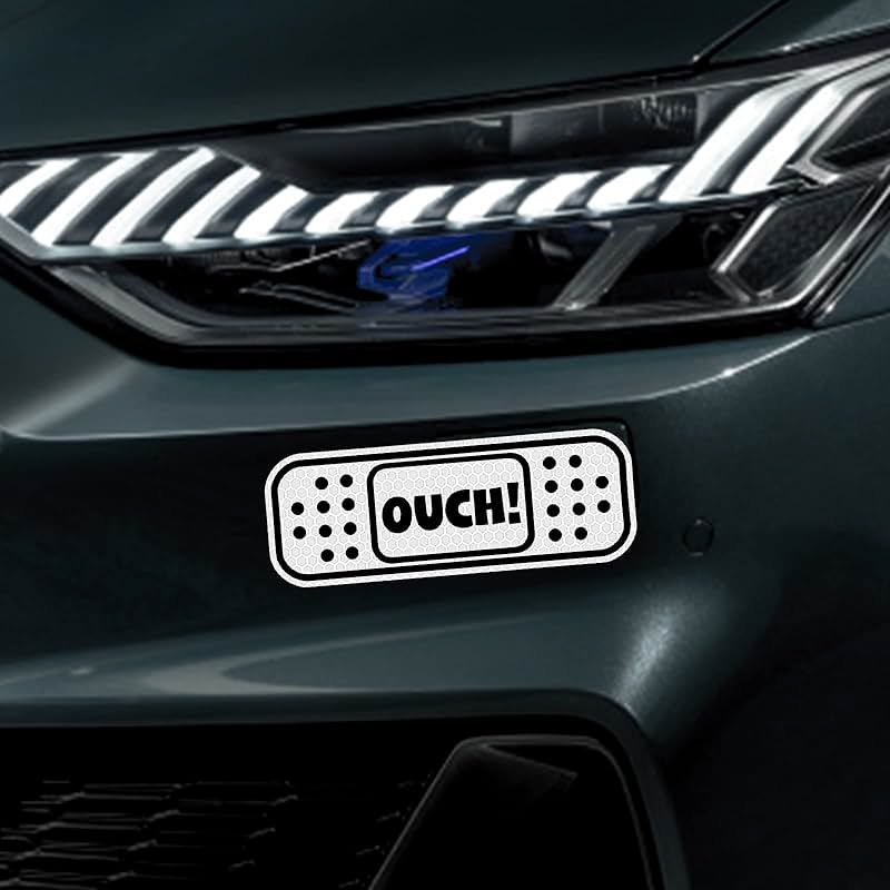 Nouiroy 6 Pack Funny Reflective Sticker for Cars, 4.8 * 1.7in OUCH Sticker for Dent Scratch Cover, Band Aid Decals Adhesive Vinyl Decal, White - Product Image