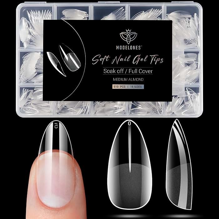 Modelones Almond Fake Nail Tips -510Pcs Medium Soft Gel Nail Tips Almond Shape Pre Etched Half Matte Full Cover Clear Acrylic Gel Kit False Press on for Extension Manicure Salon DIY at Home 15 Sizes - Product Image