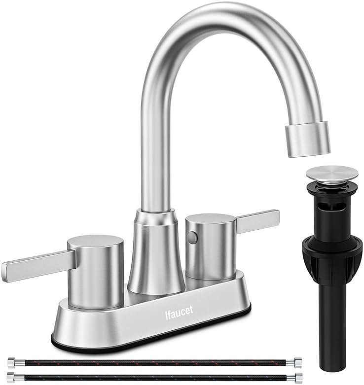 Bathroom Faucets, Bathroom Faucet 3 Hole, Bathroom Sink Faucet, Faucet for Sink 4 Inch 2 Handle Centerset, Lead-Free, with Copper Pop Up Drain (Brushed Nickel) - Product Image