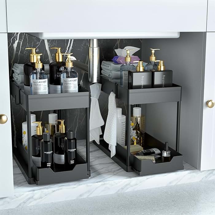 DEKAVA Under Sink Organizer 2 Pack, Bathroom Cabinet Organizer, 2 Tier Sliding Cabinet Basket Organizer Drawer, Multi-Purpose Bath Collection Baskets for Bathroom (Black) - Product Image